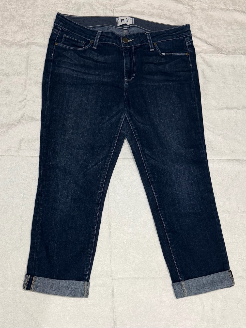 PAIGE Dark Wash Cuffed Crop Straight Jeans Size 30 Premium Designer Denim
